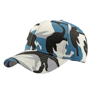 Blue camouflage baseball cap with a pre-curved brim and classic six-panel structure