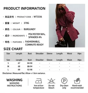 Size chart for slim fit striped blazer detailing S, M, and L dimensions and fabric care info