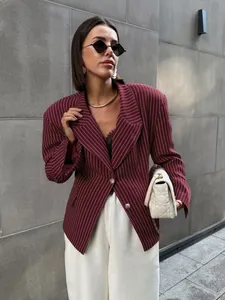 Detail of burgundy pinstripe blazer featuring a slim waist and classic notched lapels