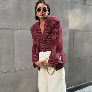 Chic burgundy striped blazer for women with a slim waist and structured shoulder pads