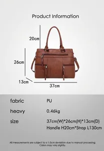 Detail showing high-capacity brown vintage PU leather bag with weight at 0.46kg