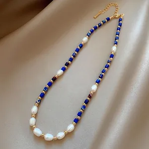 Handmade Rice Freshwater Pearl Lapis Lazuli Beaded Necklace For Women Gold Plated Alloy Baroque Dainty Choker Jewelry