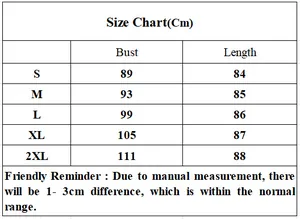 Size chart showing bust and length measurements from S to 2XL for the white V-neck dress