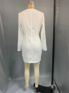 Detail of the back zipper closure and slim fit tailoring on this white long-sleeve mini dress