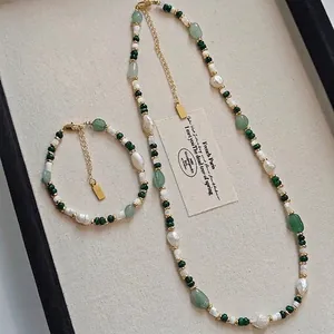 Retro Bohemian Copper Beaded Necklace And Bracelet With Natural Freshwater Pearl Malachite Green Aventurine Stone Jewelry For Women