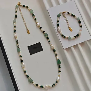 Green aventurine stone and freshwater pearl necklace with matching bracelet set