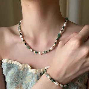 Baroque pearl and green malachite beaded necklace and bracelet jewelry set for women
