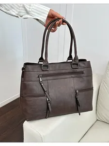 Vintage dark brown large capacity women's handbag with multiple zipper pockets