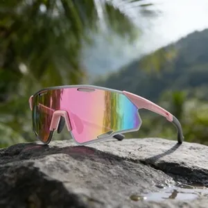 Detail of TR90 sports sunglasses frame with UV protection lens on natural rock background