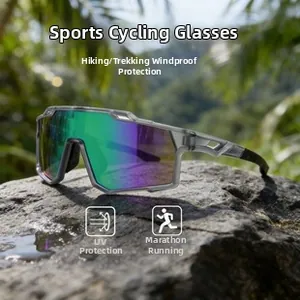 Macro detail of cycling glasses with UV400 rainbow gradient lens on a rocky surface