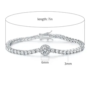 S925 silver tennis bracelet featuring a 6mm center zircon and 3mm round cubic zirconia stones