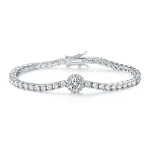 Classic S925 sterling silver tennis bracelet with 6mm cubic zirconia and halo centerpiece