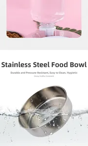 Detail of pink pet feeding set with stainless steel bowl and gravity water bottle