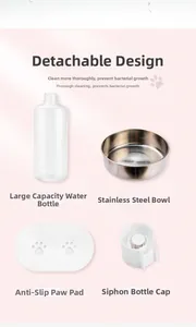 Detailed parts showing stainless steel bowl and water bottle with siphon cap system