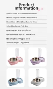 Detail view of bear-shaped pet double bowl with stainless steel tray and water bottle