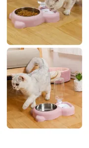 Detail of pink cat-shaped base with stainless steel bowl and gravity water bottle