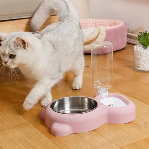 Bear Shaped 2-In-1 Pet Feeding Station With Automatic Water Dispenser And Stainless Steel Bowl For Cats And Small Dogs Daily Use