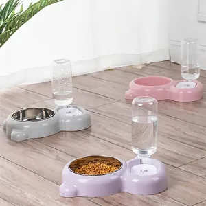 Dual pet food and water bowl with automatic dispenser and stainless steel insert