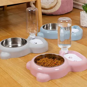 Pink gray and blue pet feeding station with stainless steel bowls and water bottle