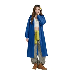 Reusable dark blue EVA raincoat with adjustable hood and elastic cuffs for outdoor protection