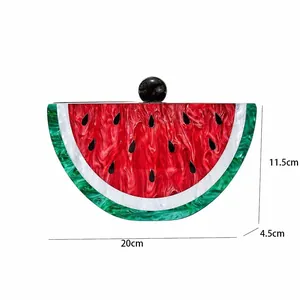 Detail view of watermelon acrylic clutch bag with dimensions 20cm x 11.5cm x 4.5cm