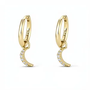 Minimalist S925 sterling silver moon drop earrings with micro-set cubic zirconia accents