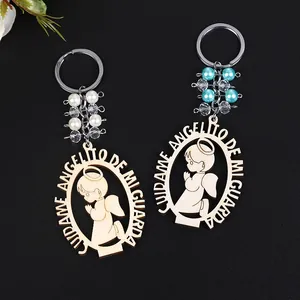 Pair of wooden prayer angel keychains with laser engraving and colored beads for baptism