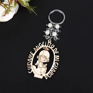 Wooden angel baptism keychain with Guardian Angel engraving and elegant white beads