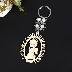Wooden guardian angel keychain with carved Spanish prayer and decorative beads