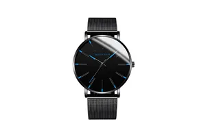 Detail of MONYORN black quartz watch with blue hands and mesh steel bracelet band