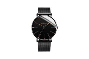Front view of minimalist black men's watch with rose gold hands and mesh metal strap