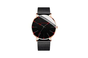 Detail of minimalist men's quartz watch with black mesh band and rose gold case
