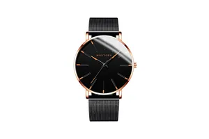 Detail of minimalist black watch face with rose gold hands and mesh steel band