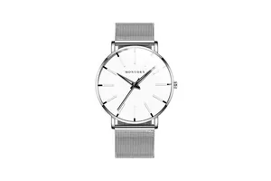 Detail of minimalist quartz watch featuring a silver mesh band and white dial design