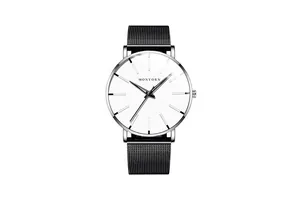 Detail of minimalist white dial with silver case and black mesh strap on quartz watch