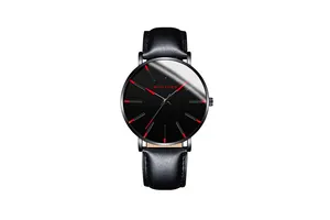 Detail of minimalist quartz watch with black dial, red markers and leather strap