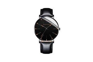 Macro detail of minimalist quartz watch with black dial, copper hands, and leather strap