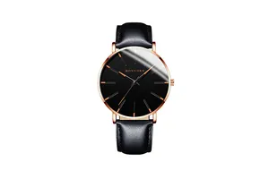 Macro detail of minimalist black dial with rose gold hands and black leather strap texture