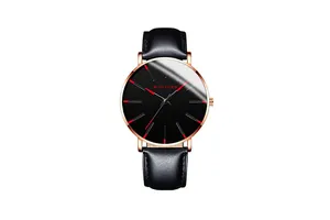 Detailed close-up of MONYORN men's watch with rose gold case and black leather strap