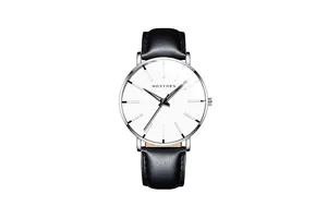Detailed close-up of MONYORN men's watch featuring a black leather strap and silver case
