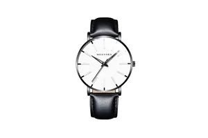 Close-up of white dial quartz watch with black leather strap and silver metal case