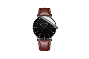 Macro detail of the MONYORN watch featuring brown leather strap and rose gold markers