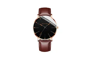 Detail of quartz watch with brown leather strap and rose gold case on white background