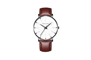 Detail of white dial quartz watch with black metal case and brown leather strap