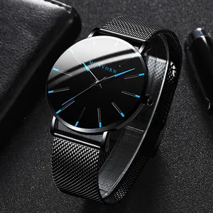 Fashionable black business quartz watch for men with blue indices and steel mesh band