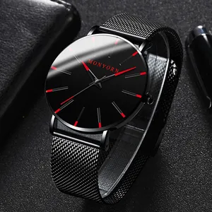 Fashionable all black quartz watch for men with Milanese band and striking red hour markers