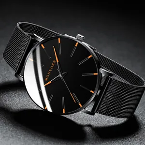 Minimalist black quartz watch for men with mesh metal strap and sleek orange gold markers