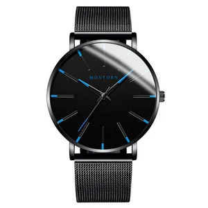 Minimalist black stainless steel quartz watch with blue hands and milanese mesh band
