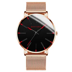 Minimalistische Quarzuhr für Herren mit roségoldenem Netzarmband und schwarzem Zifferblatt