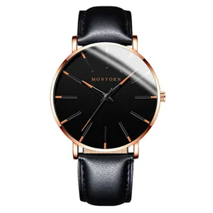 Klassische Herren Quarzuhr mit schwarzem Zifferblatt, roségoldenem Gehäuse und Lederarmband